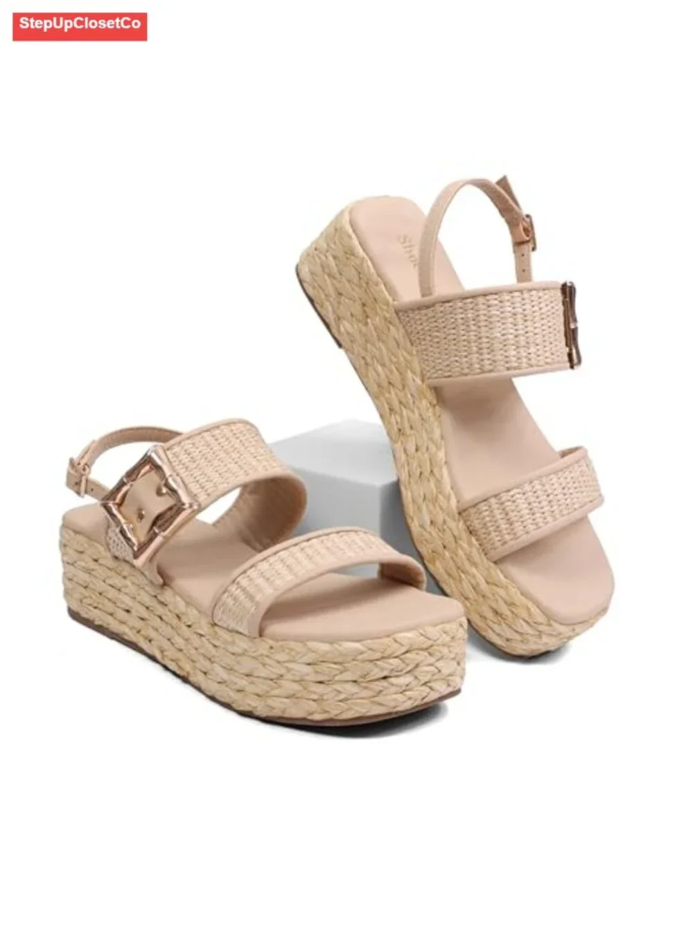 Women's Raffia Woven Espadrille Platform Sandals Ankle Strap Open Toe Wedge